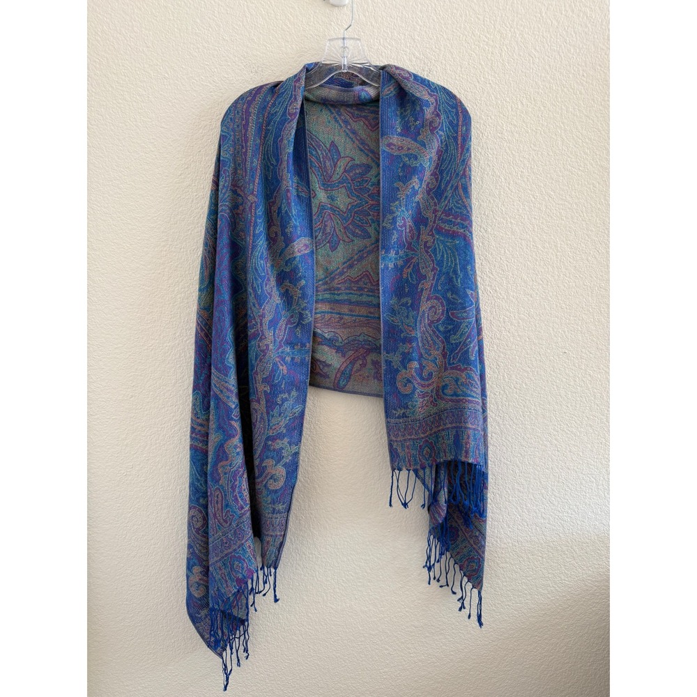 Blue Paisley Pashmina Shawl Scarf Bohemian Fringe Wrap Scarf